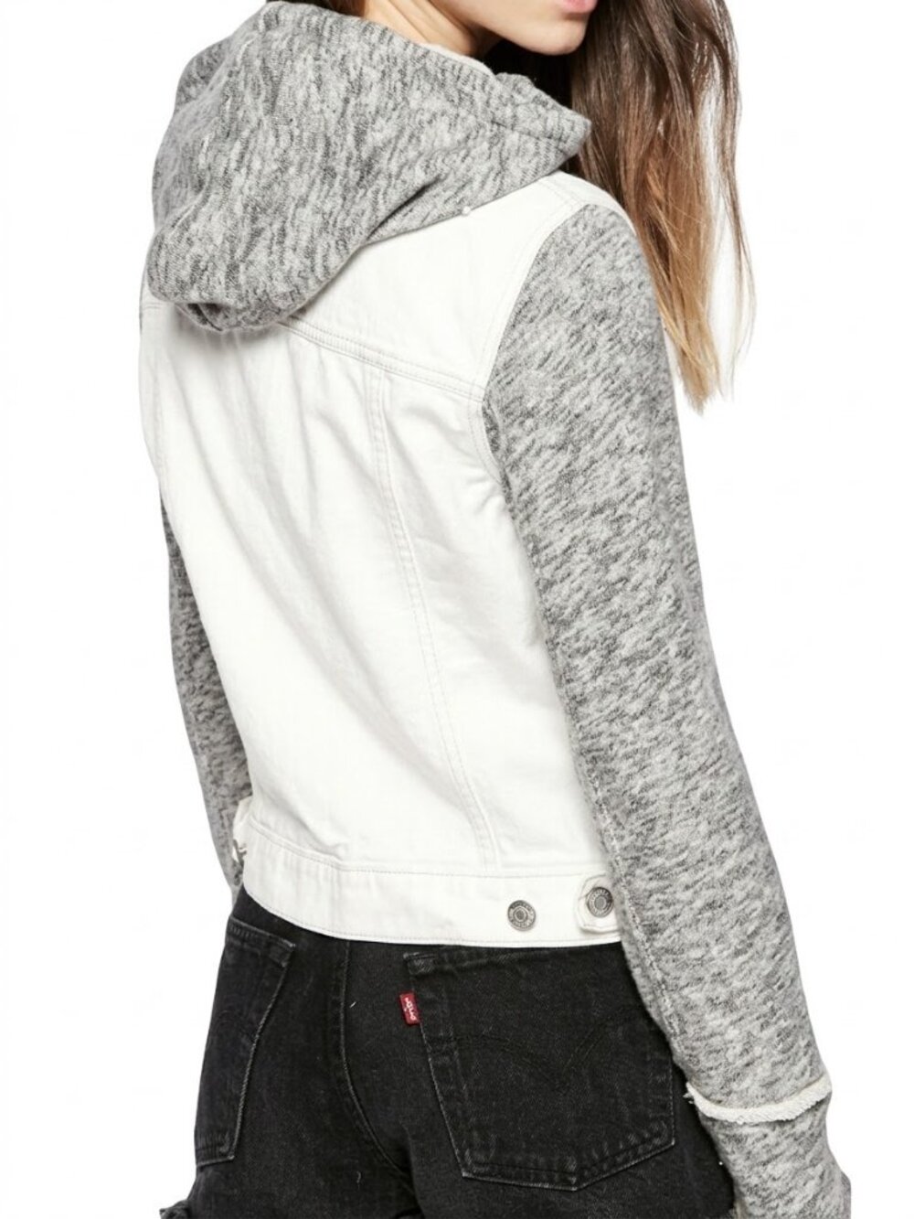 Free People White Gray Knit Sleeve Hooded Distressed Denim Jean Jacket M| Grunge - Picture 5 of 7
